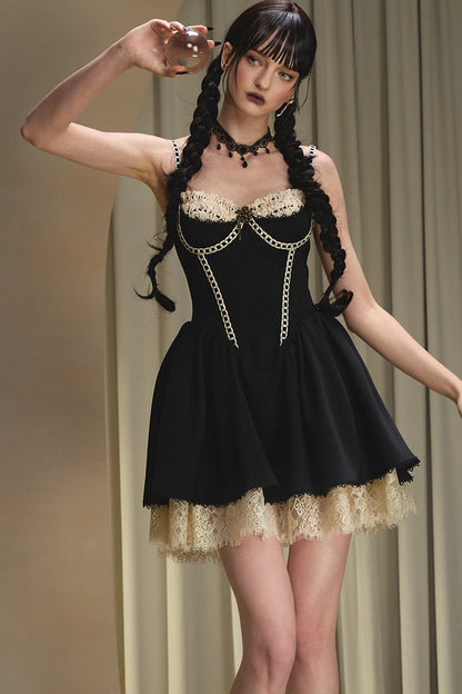 Black Boned Puff Strap Dress