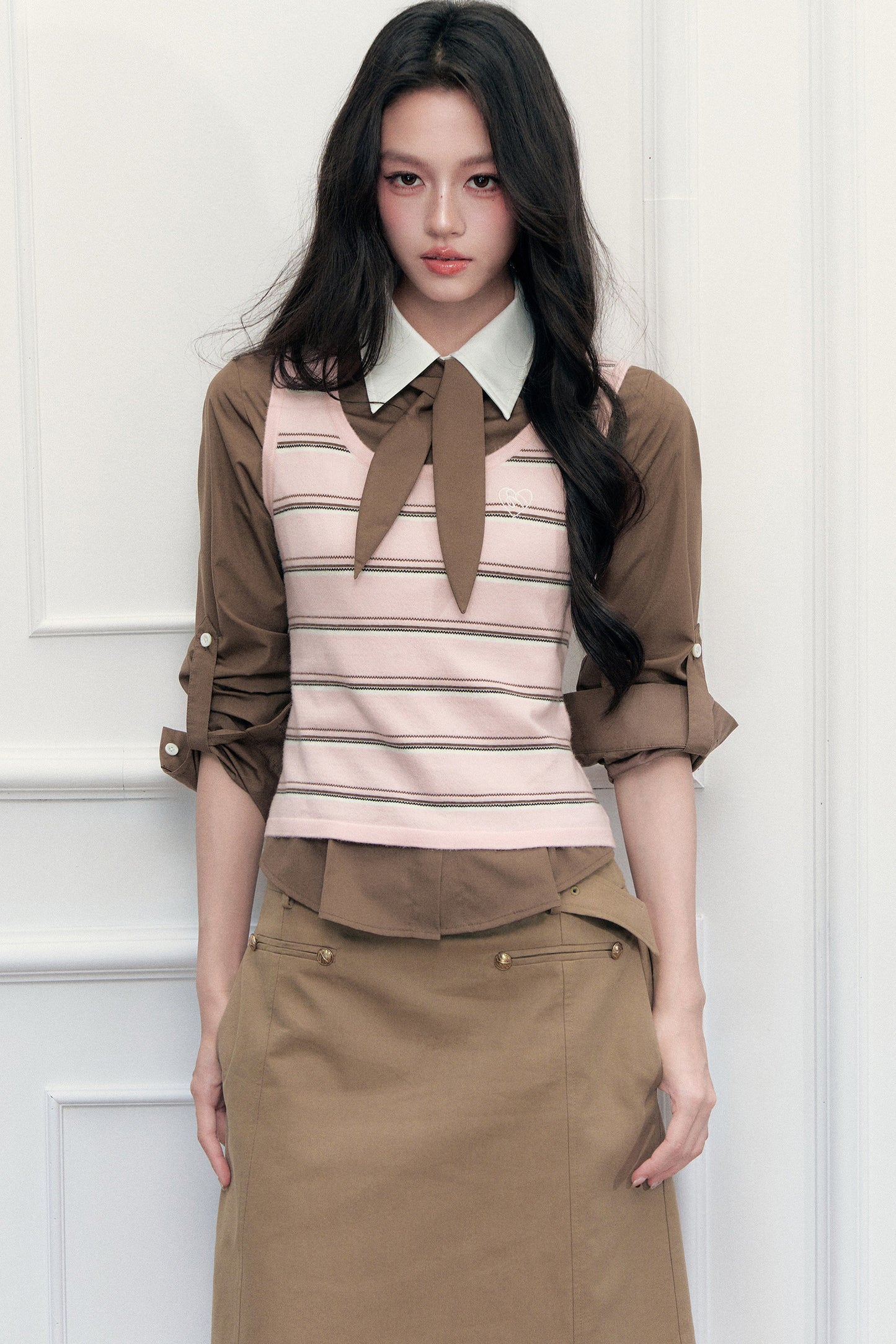 Retro Preppy Color-Blocking Shirt Vest Three-Piece Set-Up