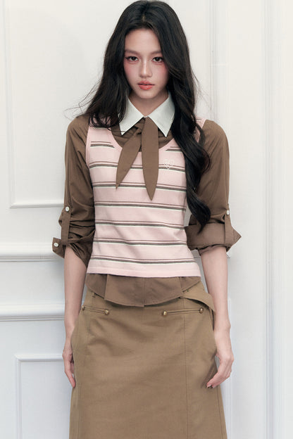 Retro Preppy Color-Blocking Shirt Vest Three-Piece Set-Up