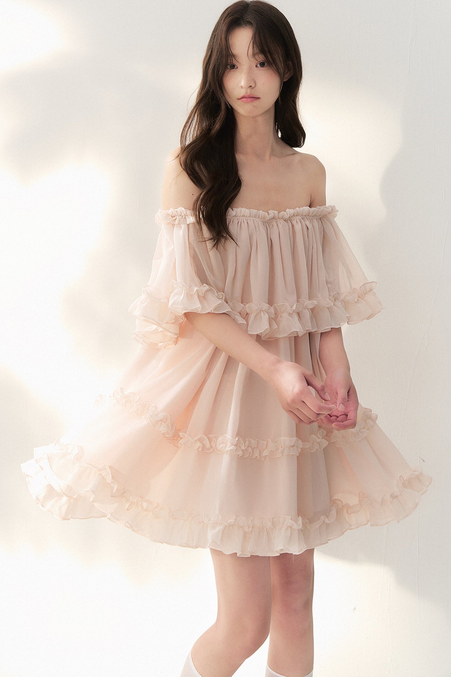 One-Shoulder Smoky Pink Tulle Lace Dress