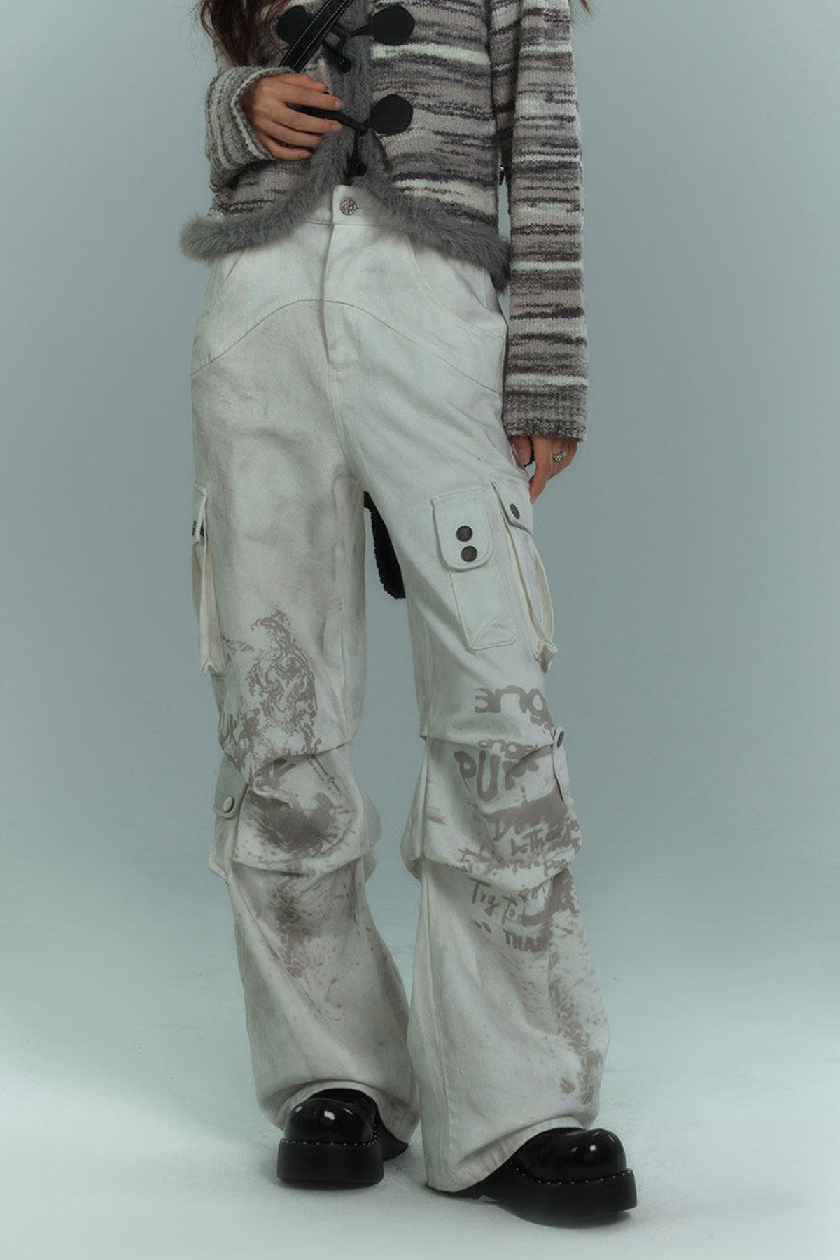 Dirty-Washed Multi-Pocket Wide-Leg Cargo Pants