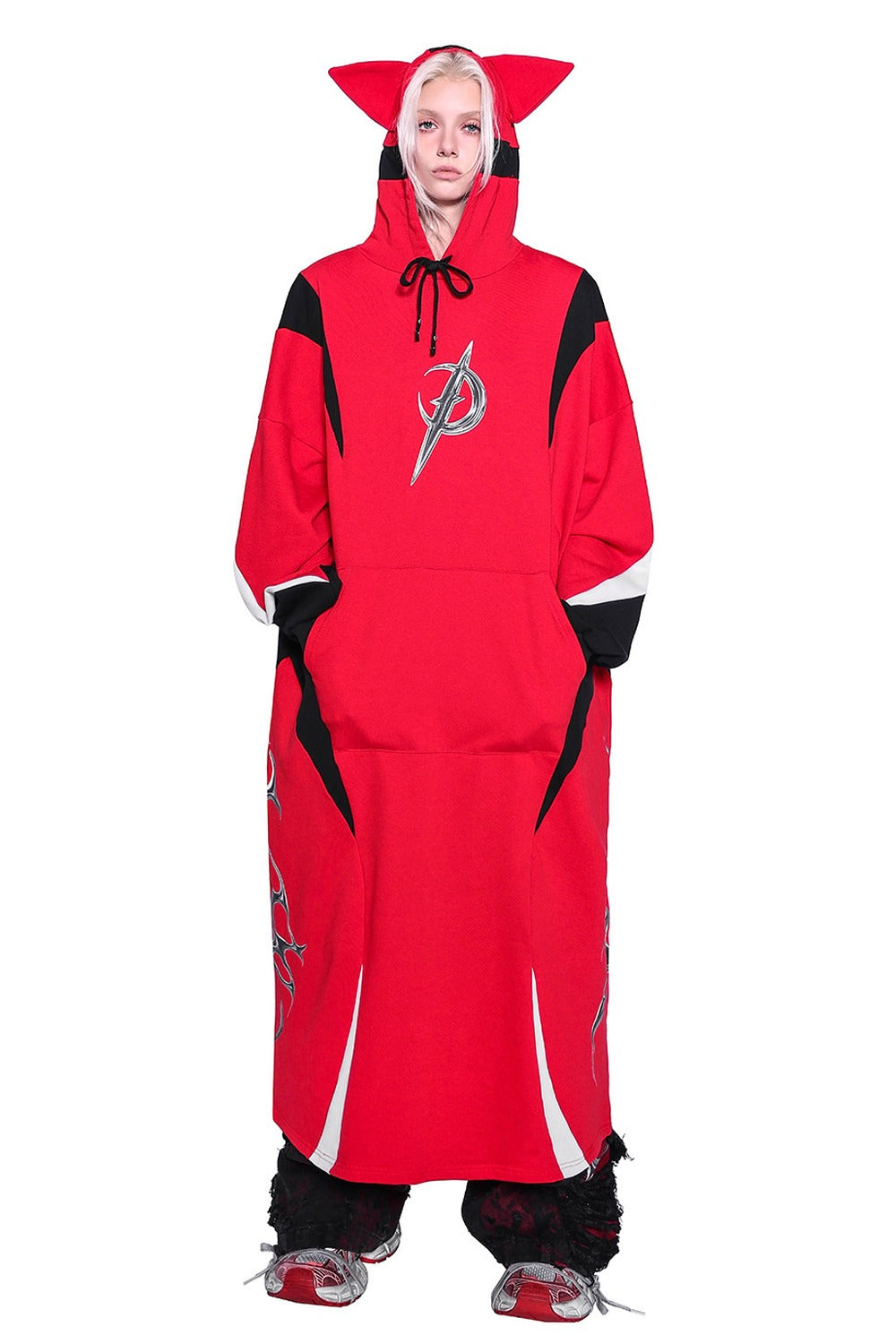 Cat Ear Spliced Racing Stripe Long Hoodie