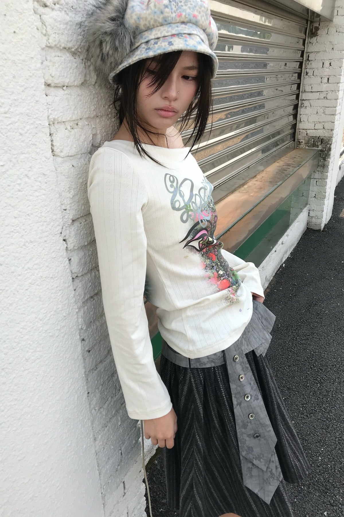 Reversible Swing Collar Long-Sleeve Printed T-Shirt