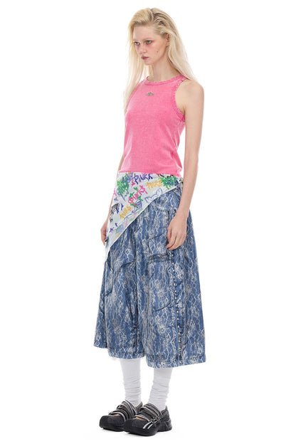 Rivet Structure Lace Denim Wide Leg Shorts