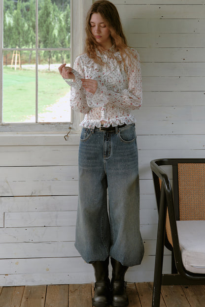 Gold-Stamped Starry Wide-Leg Jeans