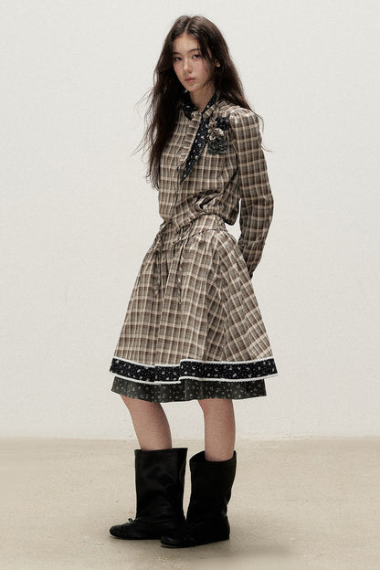 Plaid Contrast Ribbon Shirt and Skirt Set-Up