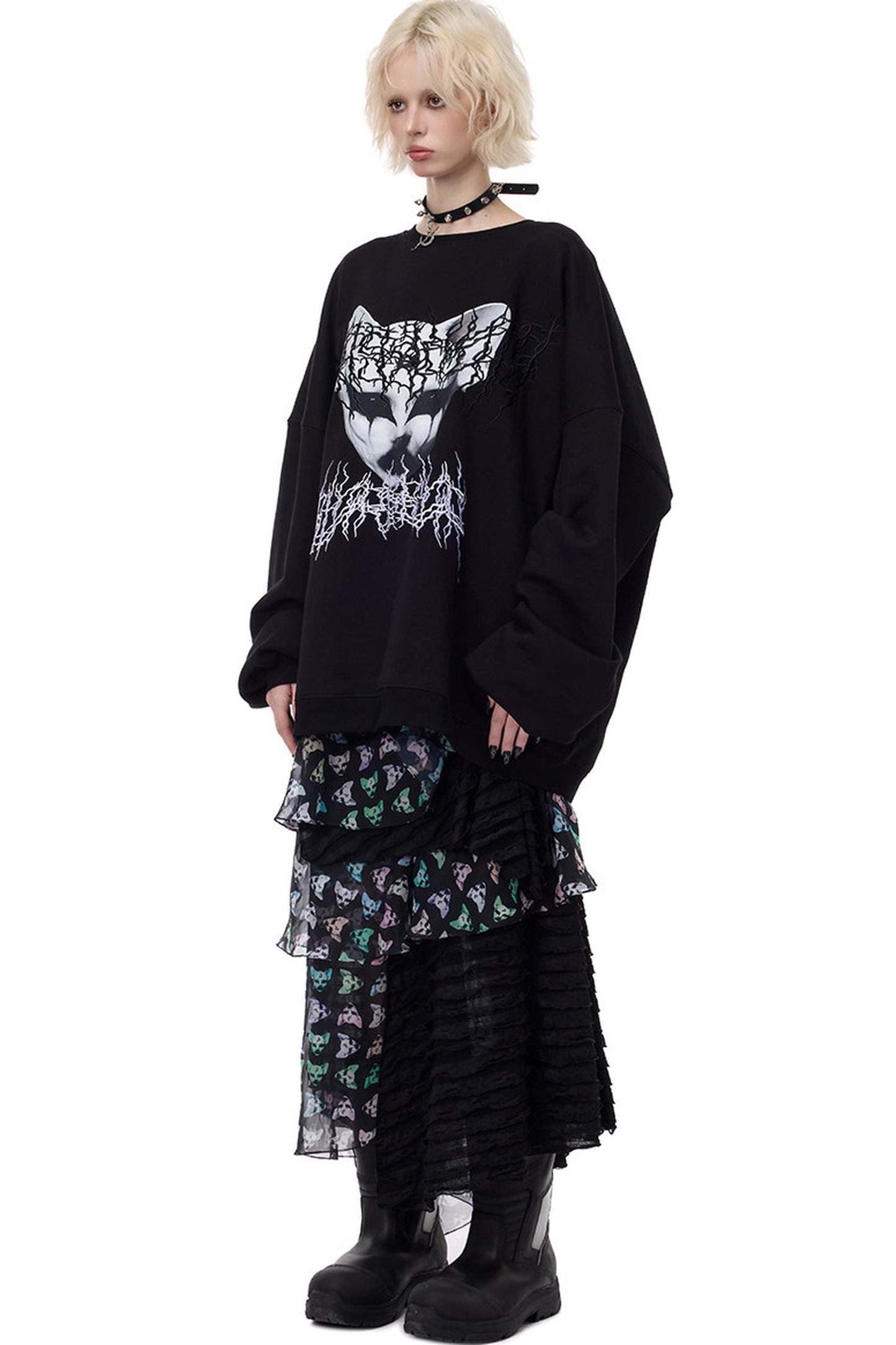 Cat Metal Thorns Heavy Industry Embroidered Blouse