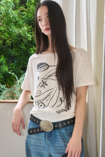 Bird And Tulip Print One-Shoulder Tencel T-Shirt