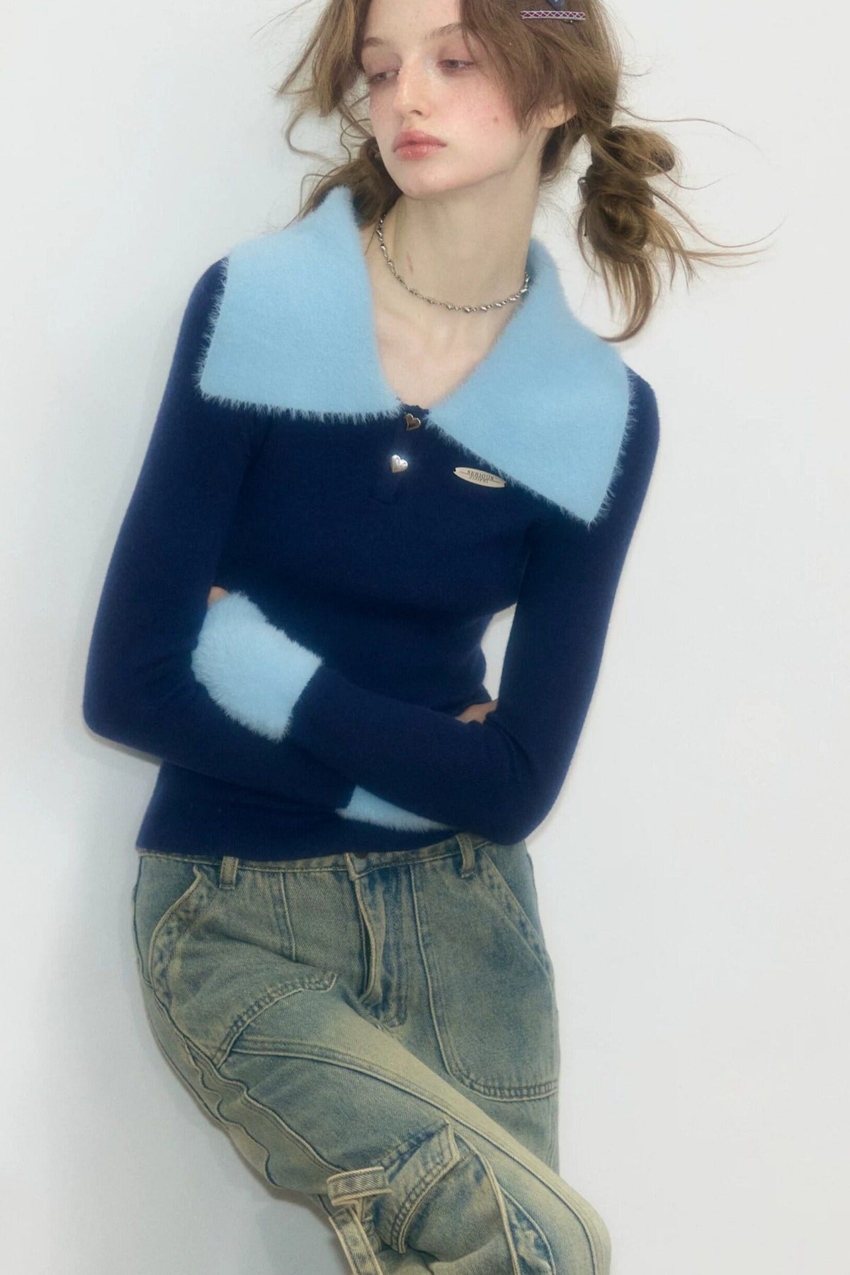 Navy Blue Polo Collar Knit Sweater