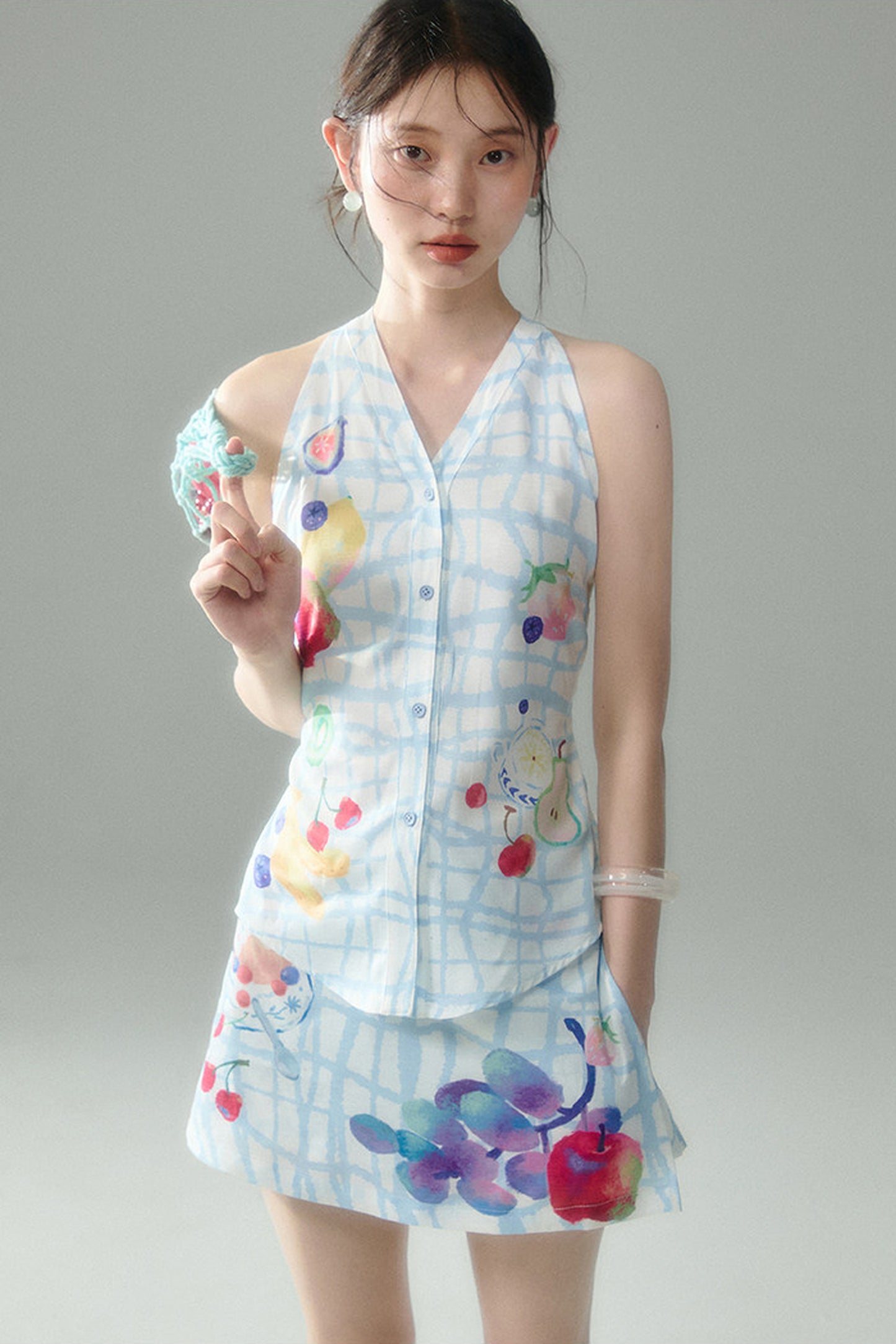 Fruit Print Halter Top and Skirt Set-Up