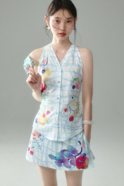 Fruit Print Halter Top and Skirt Set-Up