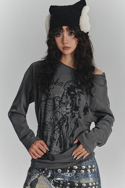 Style Printed Off-Shoulder Long-Sleeve T-shirt
