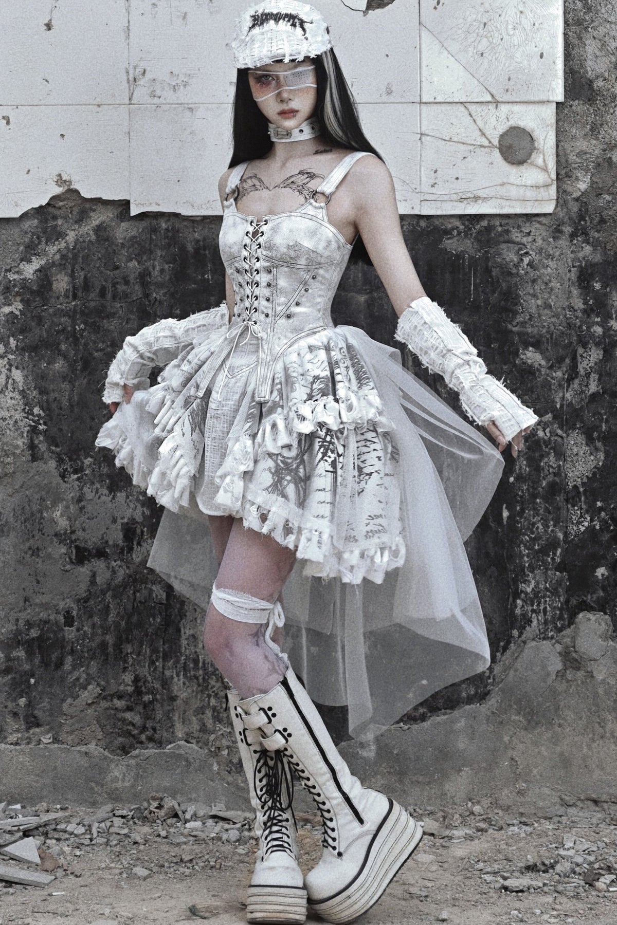 Distressed Suede Trailing Tie-Up Suspender Dress