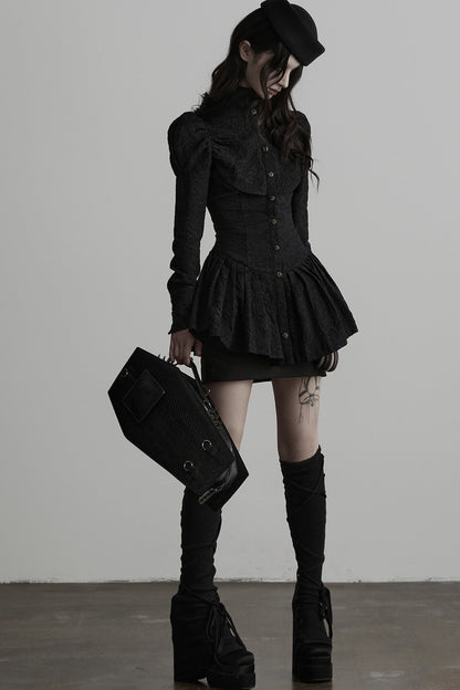 Jacquard Pleated Skirt-Style Hem Long-Sleeve Shirt