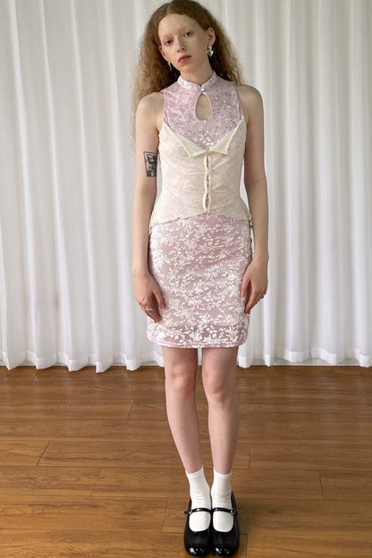 Abito Cheongsam rosa vintage in pizzo