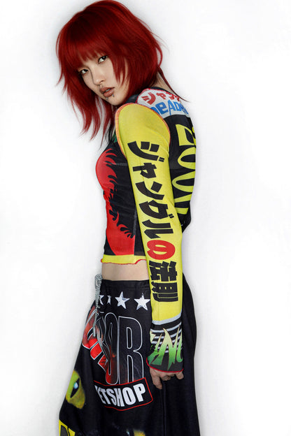 Y2K Graphic Long Sleeve Mesh Top