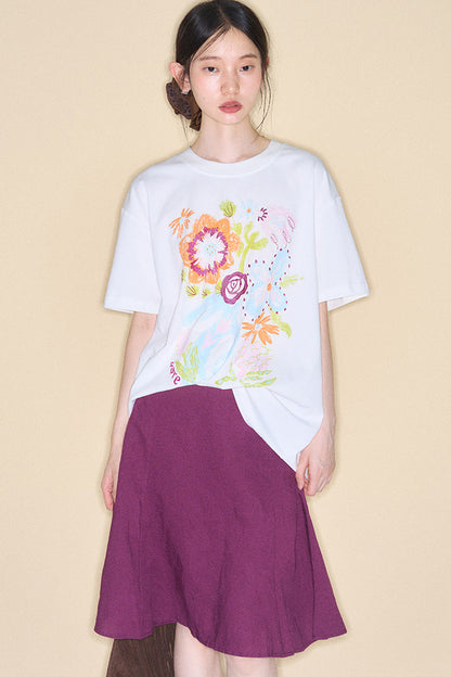 Hand-Painted Floral Bird Embroidered T-Shirt