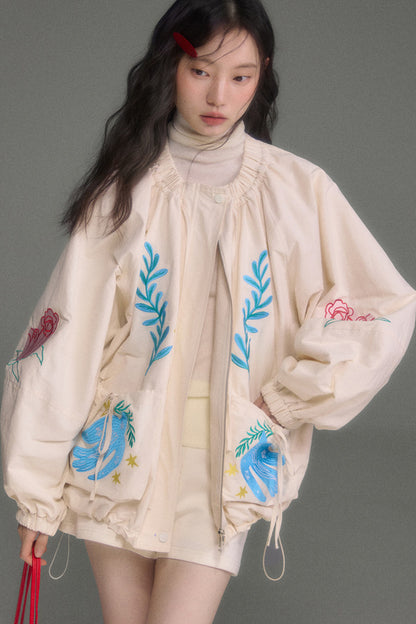 Loose Birds Olive Floral Embroidered Drawstring Jacket