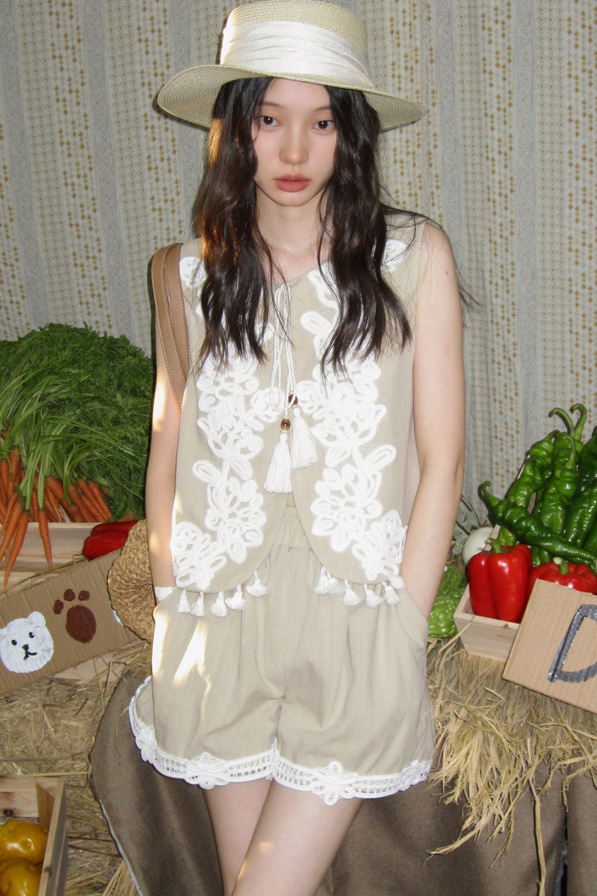Three-Dimensional Rope Embroidery Floral Tencel Vest and Shorts Set-Up