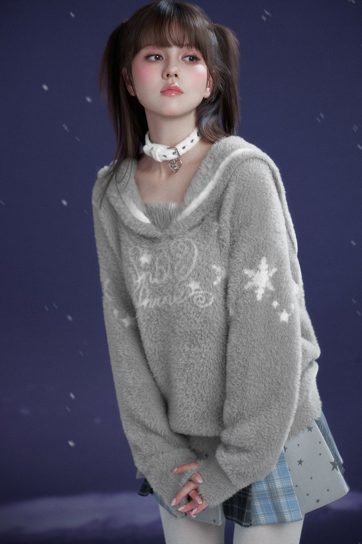 Gray Faux Mink Fur Sailor Collar Sweater