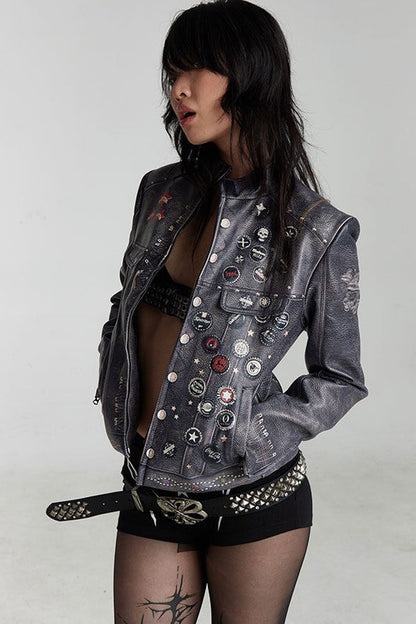 Distressed Punk Biker Leather Jacket