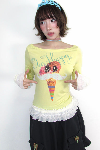 Y2K Printed Boat Neck Lace Top