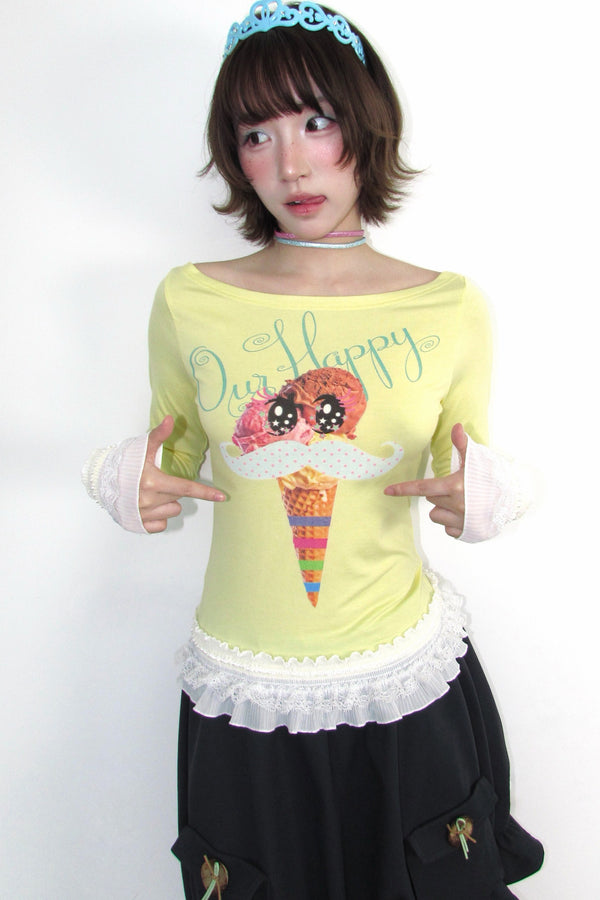 Y2K Printed Boat Neck Lace Top