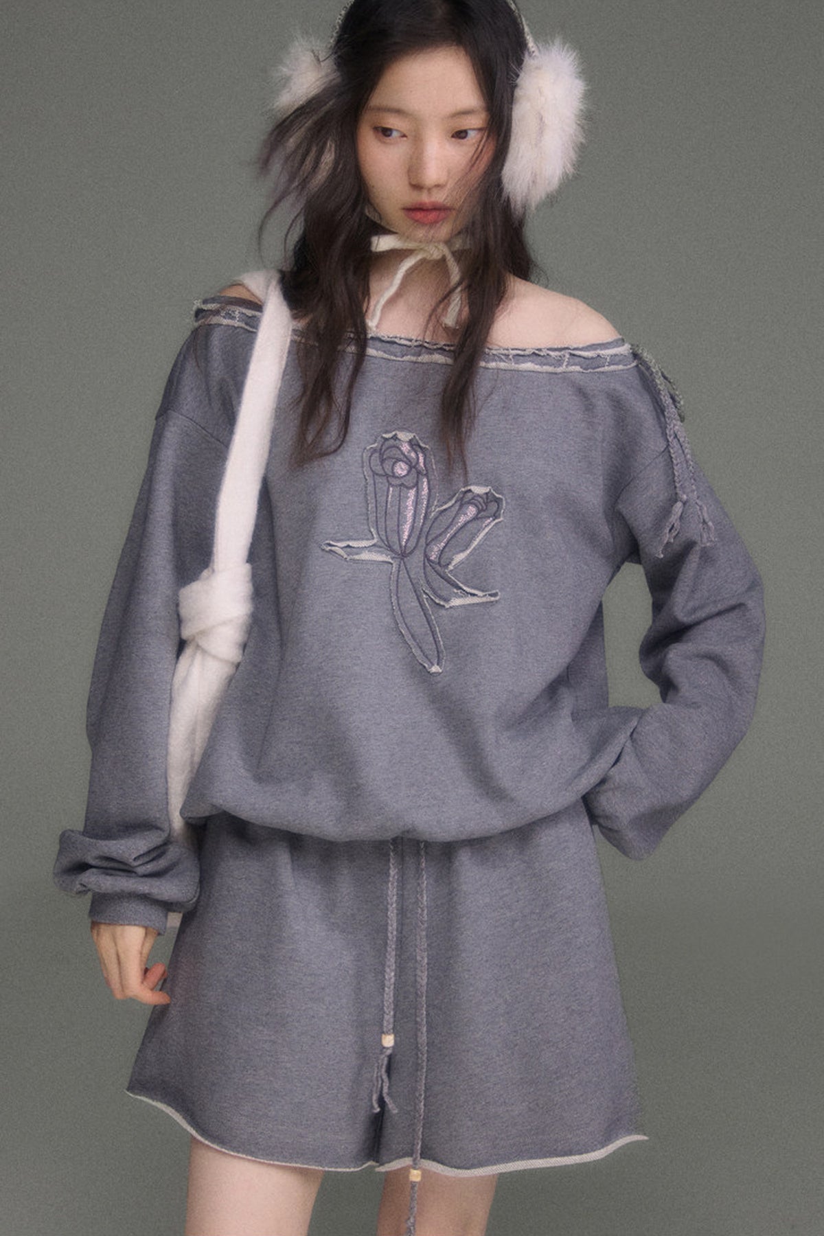 Bird And Tulip Raw Edge Patchwork Sweatshirt And Shorts Set