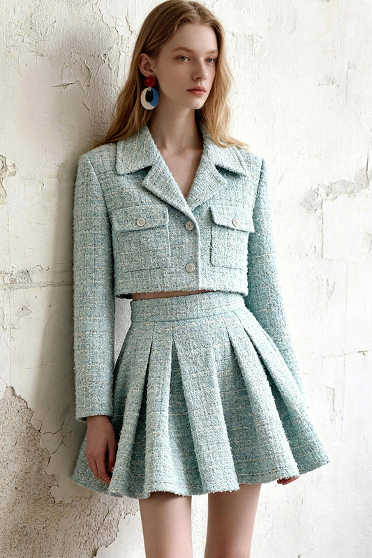 Cropped Blazer Top and Pleated Skirt Set