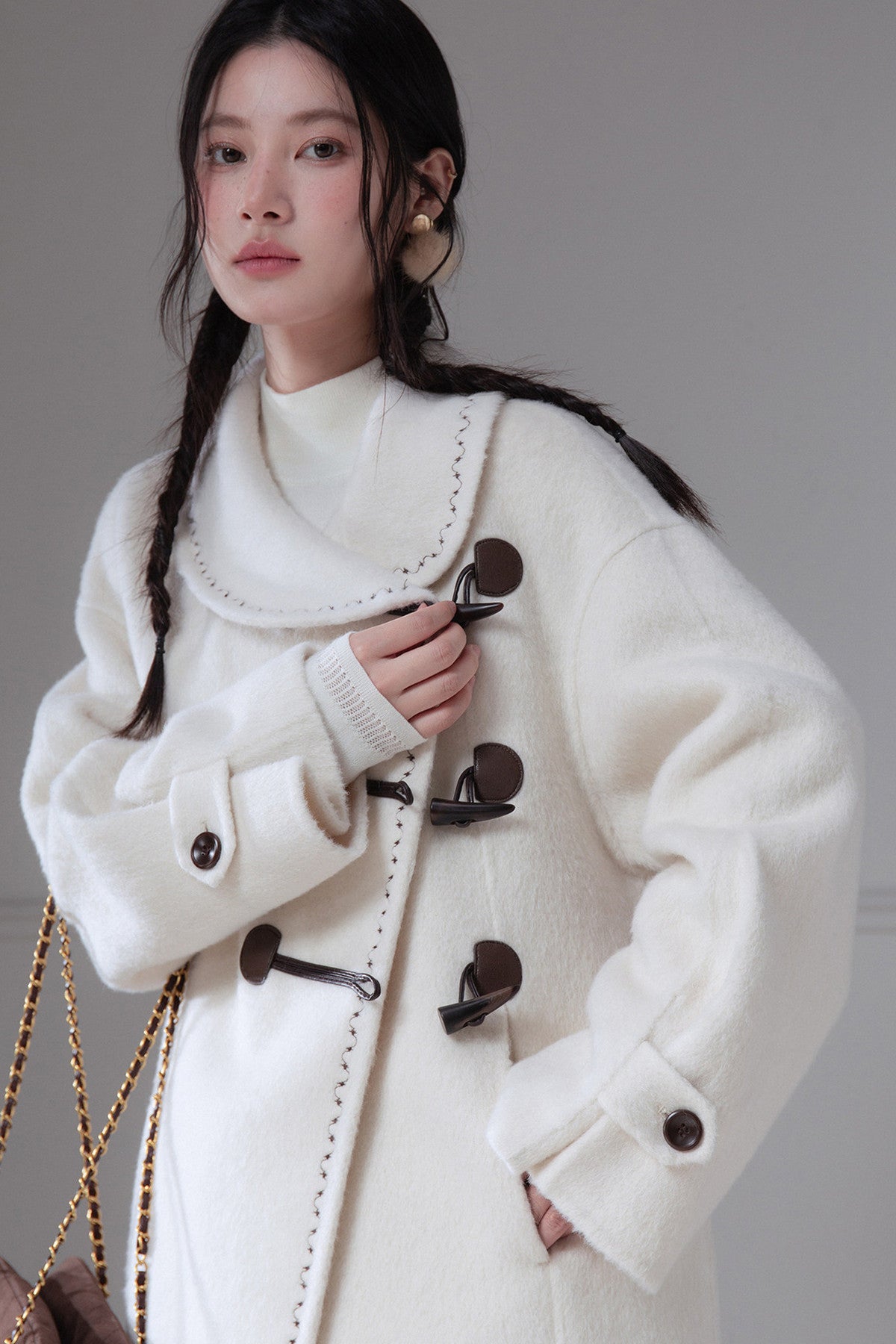Flowing Embroidered Double-Faced Wool Rabbit Fur Coat