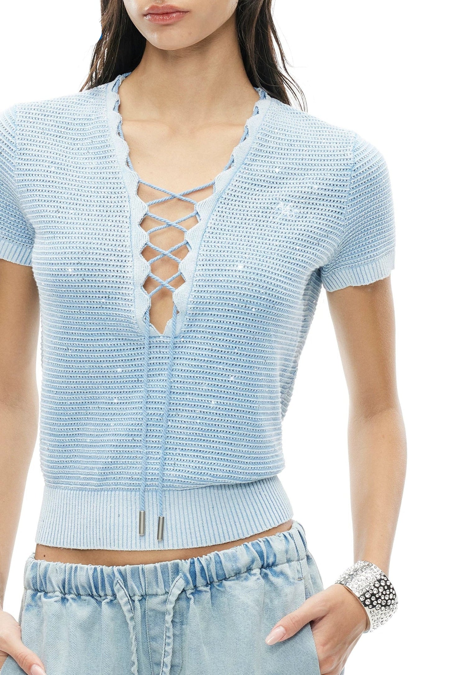 Vintage Openwork Knit V-Neck Tie-Up T-Shirt