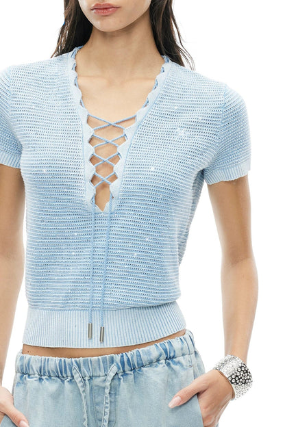 Vintage Openwork Knit V-Neck Tie-Up T-Shirt