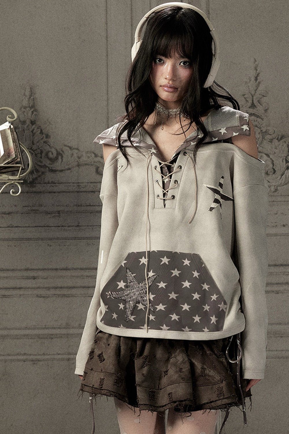 Bunny Ears Star Off-Shoulder Hoodie