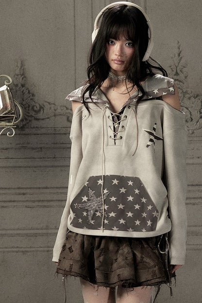 Bunny Ears Star Off-Shoulder Hoodie