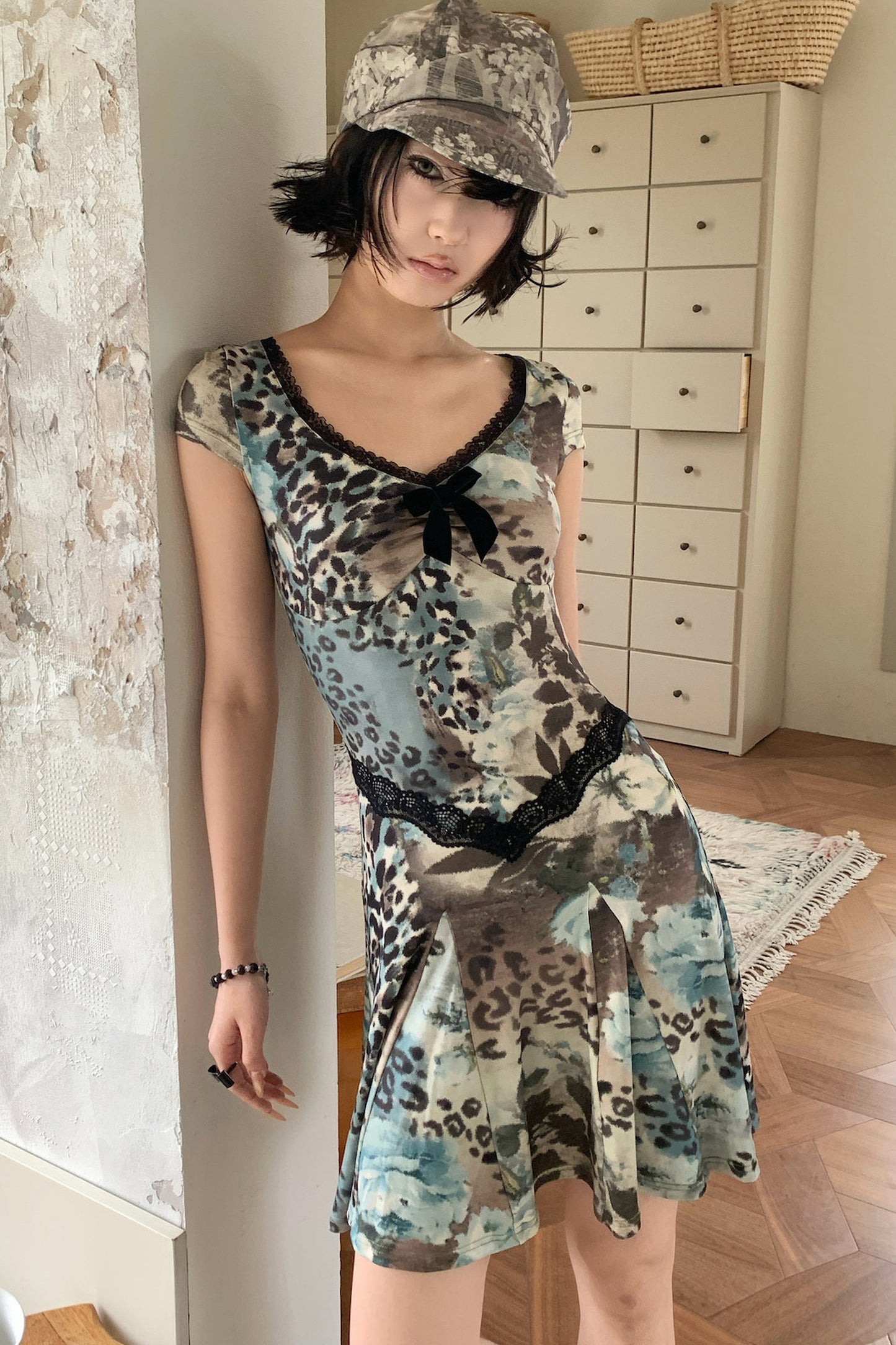 Sea Blue Leopard Floral Lace Dress