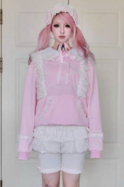 Bow Lace Trim Detachable Collar Sweatshirt and Leggings Set-Up