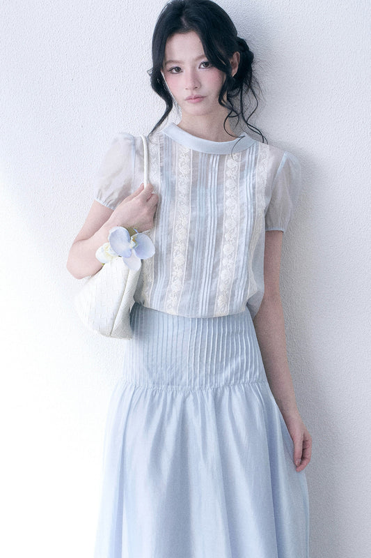 Lace Spliced Tencel Top and Skirt Set