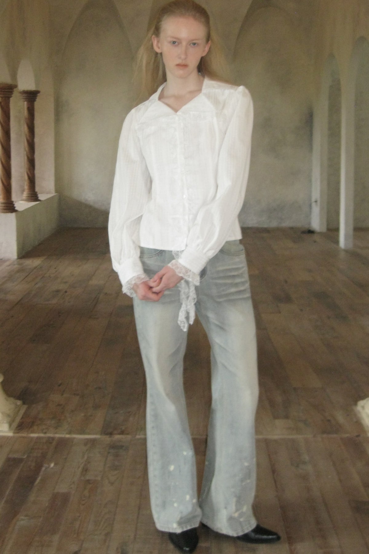 Lace Irregular Hem Long Sleeve Shirt