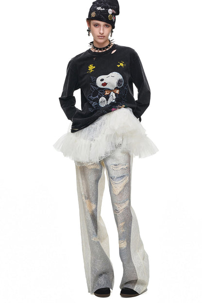 Washed Ripped Lace Straight-Leg Pants