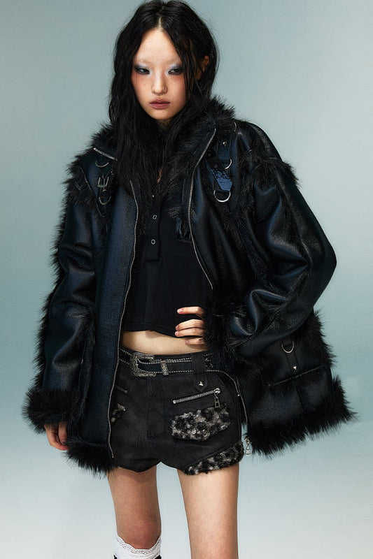Dark Punk Metal Leather Fur Jacket