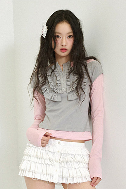 Tee-shirt effet superposé en dentelle à blocs de couleur