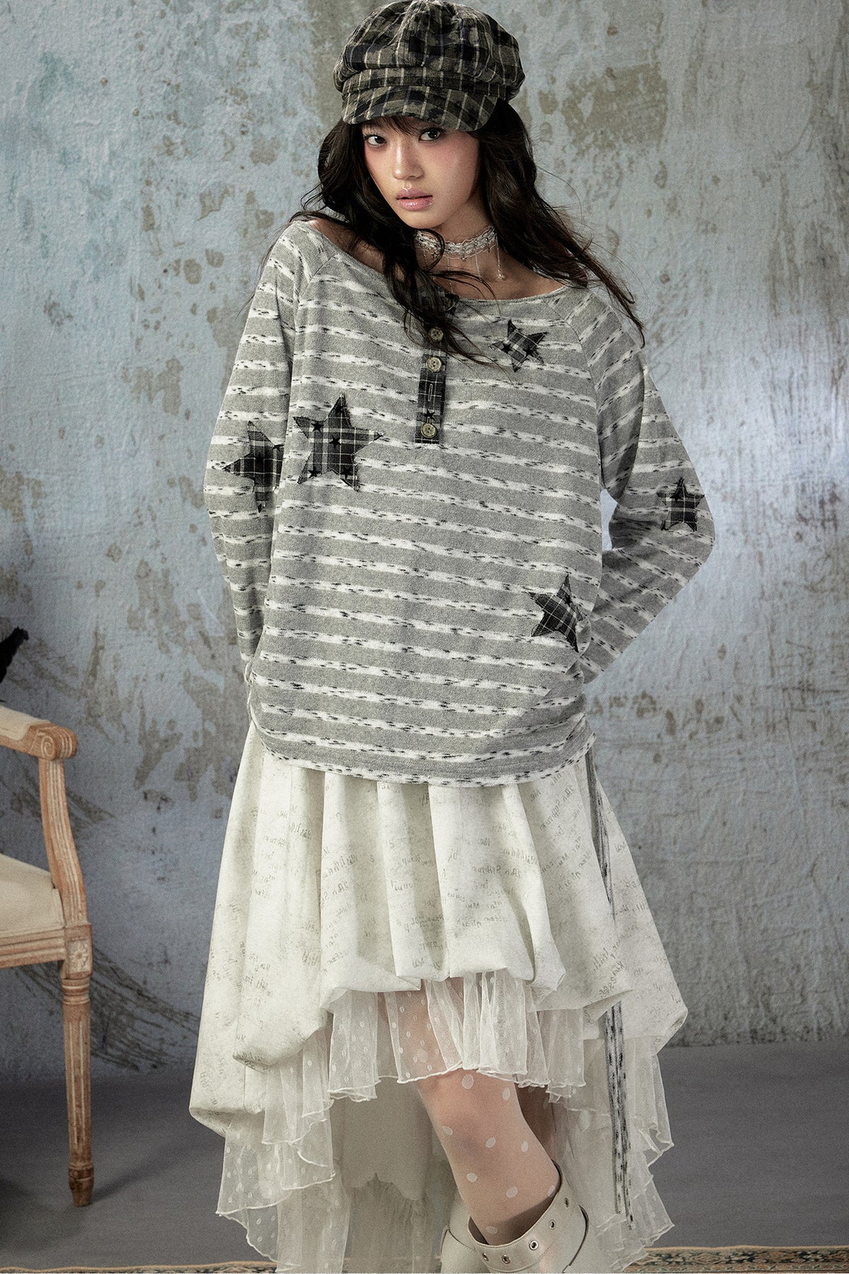 Striped Off-Shoulder Long-Sleeve T-Shirt