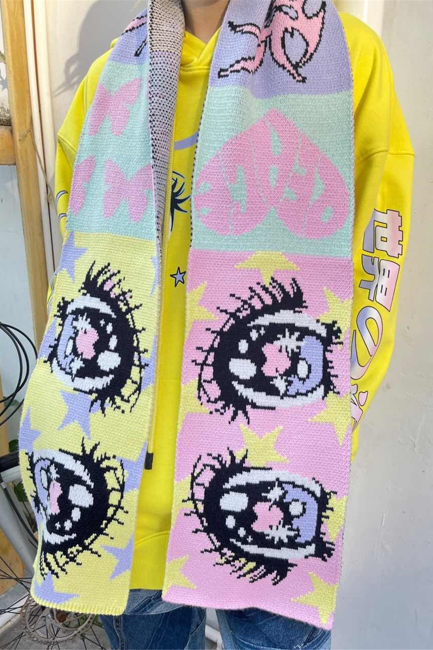 Comic Eye Knitted Long Scarf Set-Up