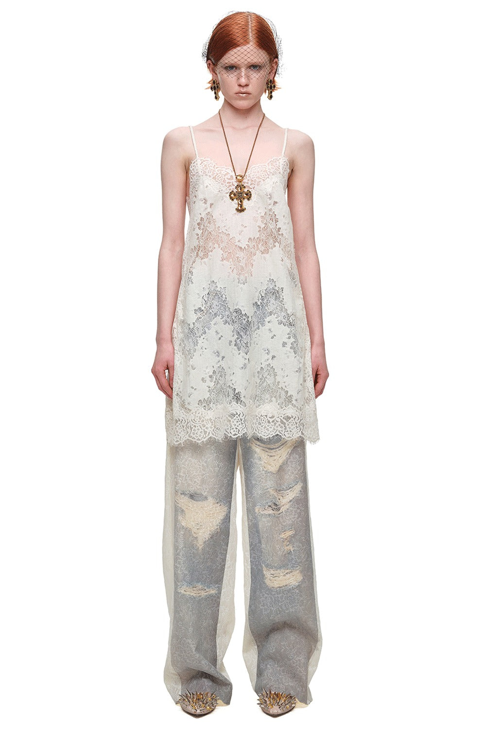 Washed Ripped Lace Straight-Leg Pants