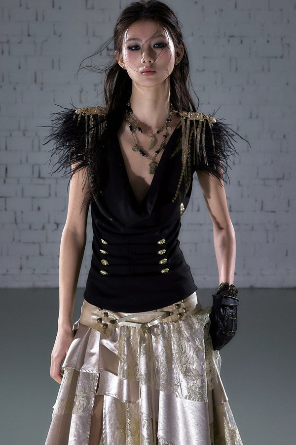 Gold Foil Feather Fringe Vest