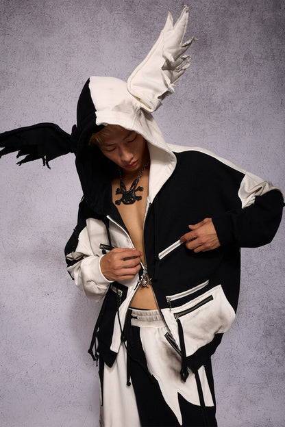 Distressed Black White Angel Zipper Hoodie