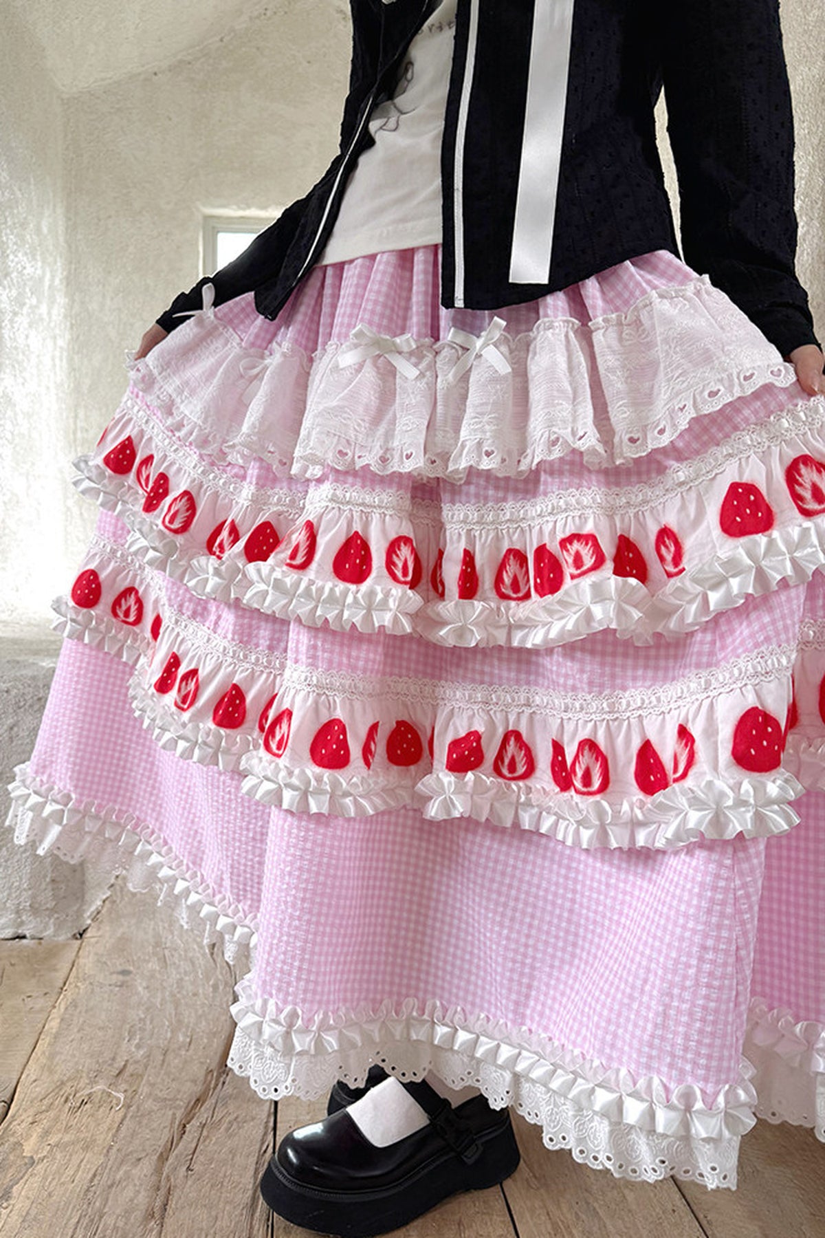 Strawberry Print Lace Tiered Skirt