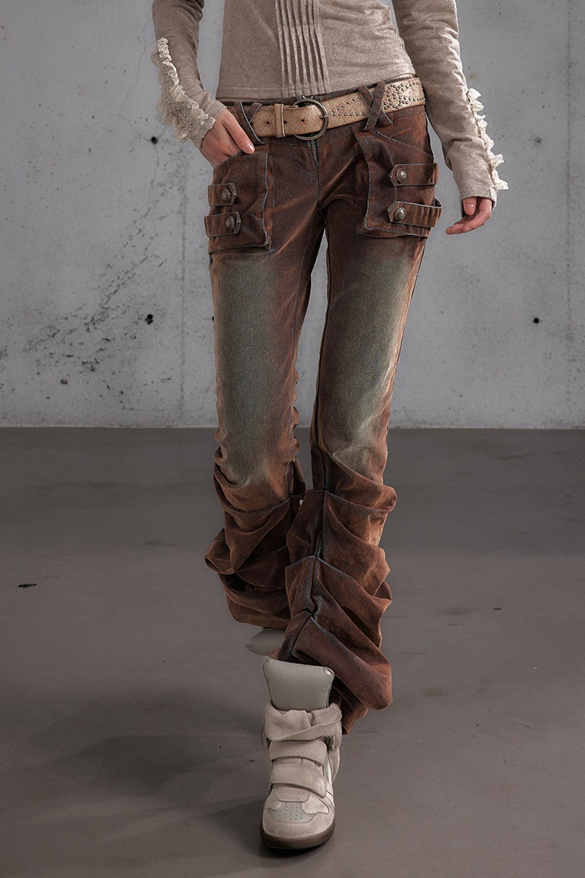 Punk Flocked Ruched Low-Waist Curved Leg Jeans