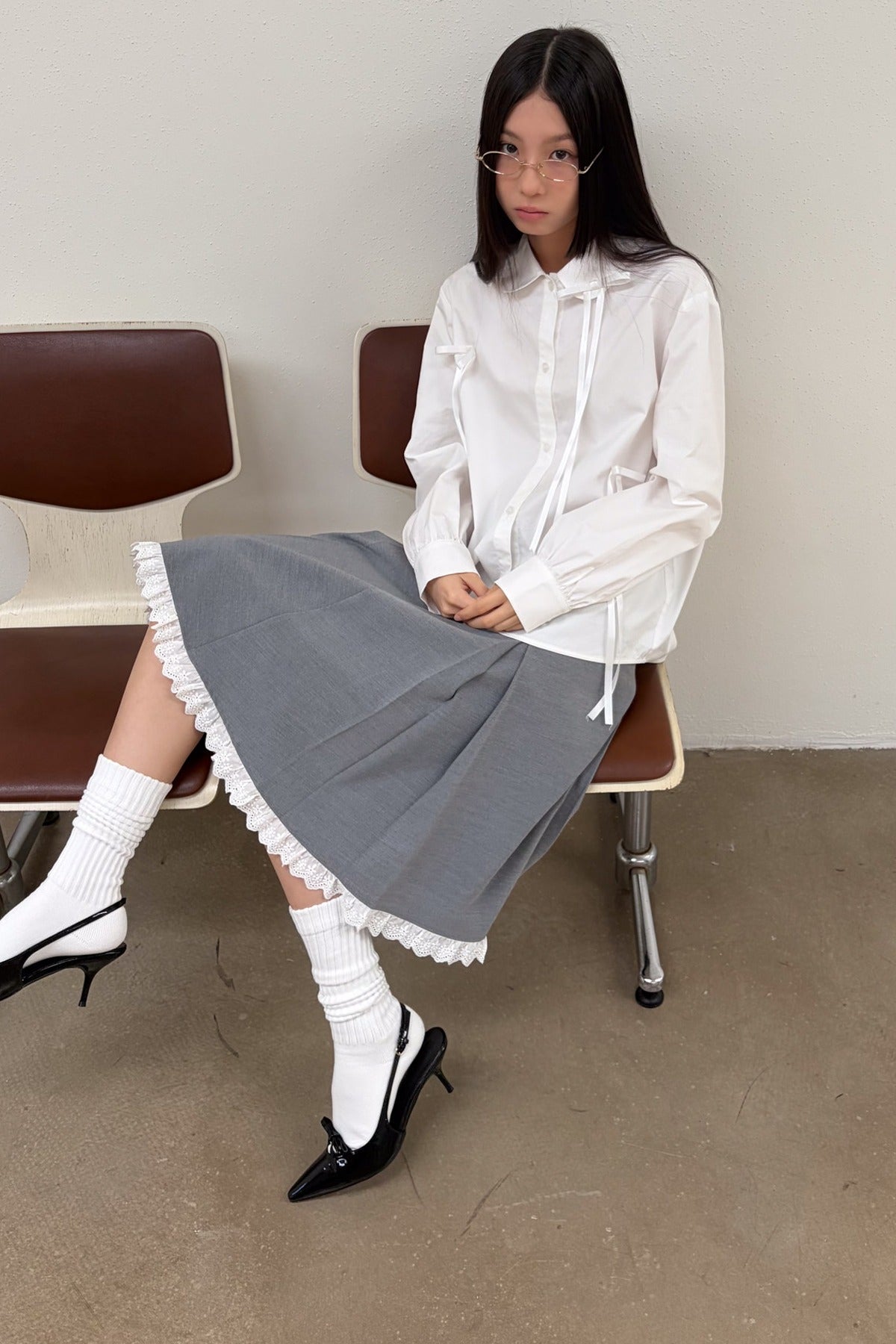 Gray Pleated Lace A-Line Skirt