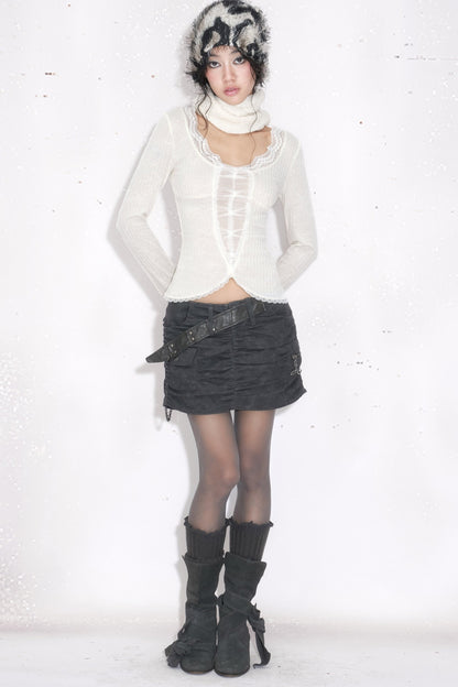 Ruched Pleated Belt Chain Skirt